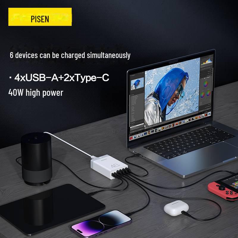 PISEN 40W 6-Port Fast Charger, 4 USB, 20W PD for Apple & Android