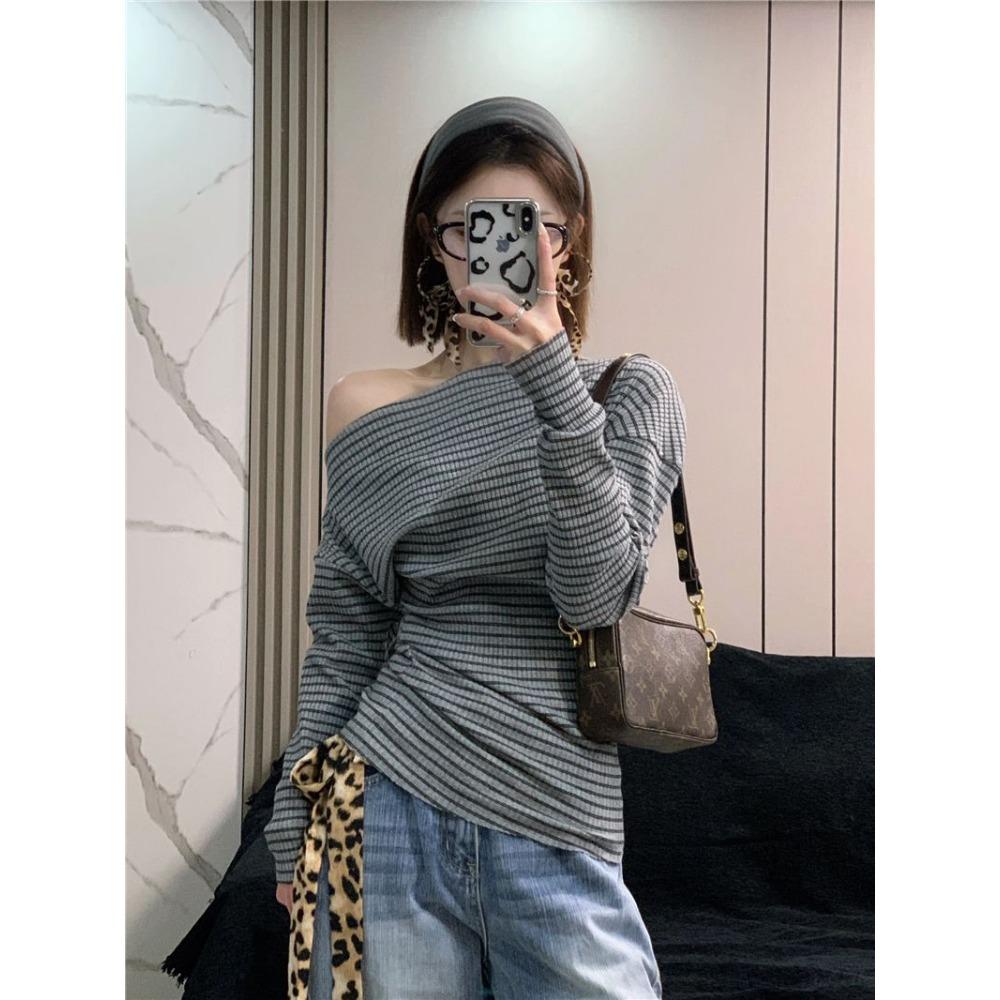 American Style Stripe Off Shoulder Long Sleeve Tshirt Slim Fit Waist Design Top