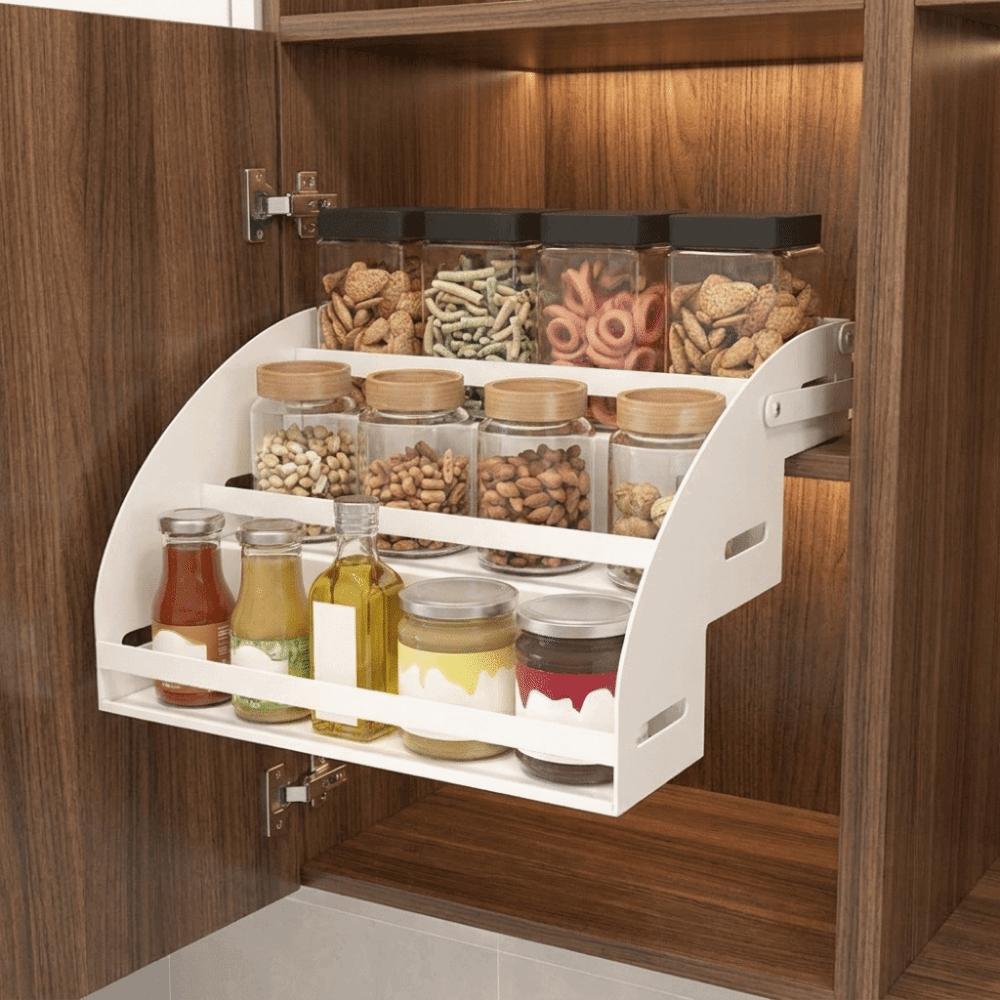 Anti Deformation 3-Tier Pull Down Spice Rack Retractable High Lift Pull Down Shelf for Top Cabinet