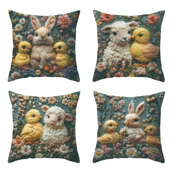 Osterhase Kissenbezug Imitationsstickerei Lamm und Küken Druck Kissenbezug Bauernhaus Dekokissenbezug für Partys Wohnzimmer Couch Sofa Deko