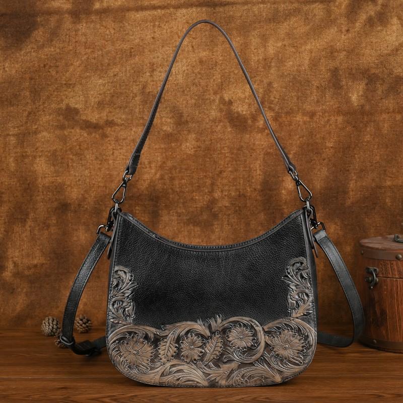 Johnature Retro Embossed Shoulder Bags Genuine Leather Women's Bag Versatile Cowhide Handmade Handbag