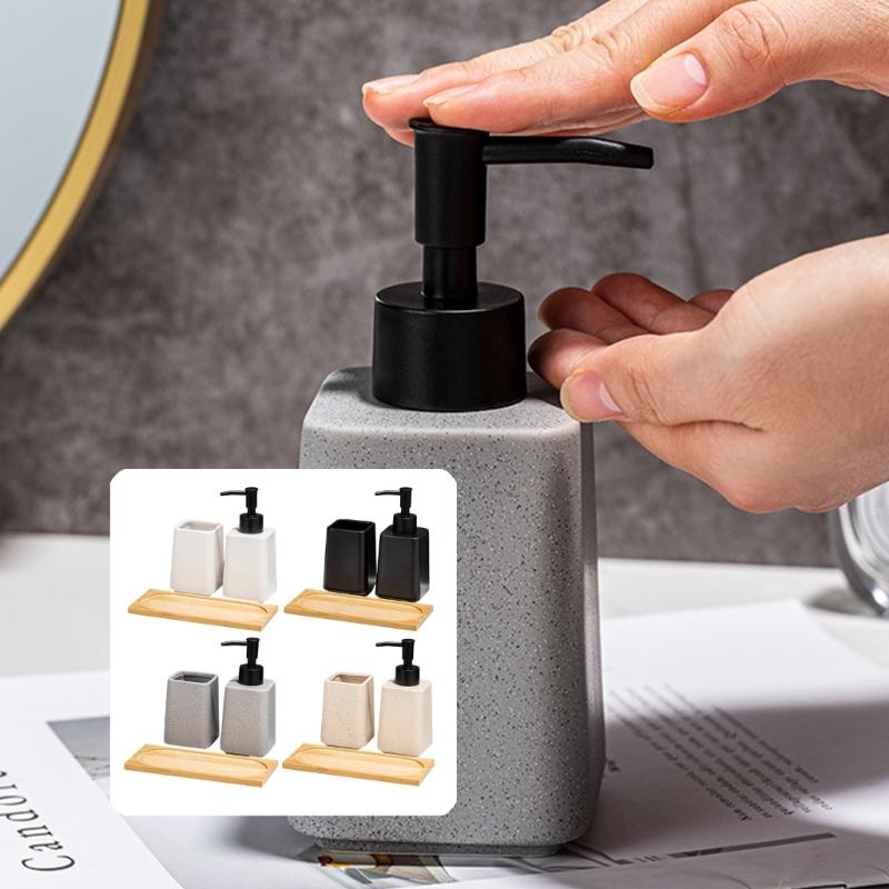 Set of 3 Ceramic Soap Dispenser Set Including Storage Tray and Toothbrush Cup for Bathroom Countertop Decoration