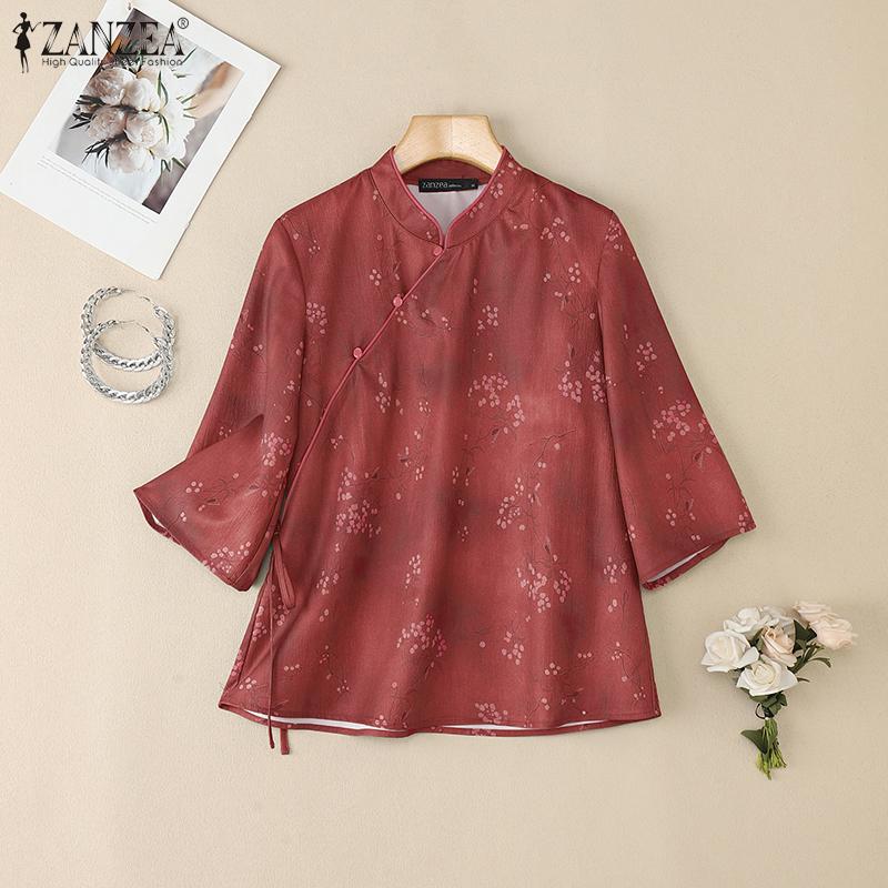 ZANZEA Vintage Women Half Sleeve Side Buttons Floral Print Ethnic Casual Blouse
