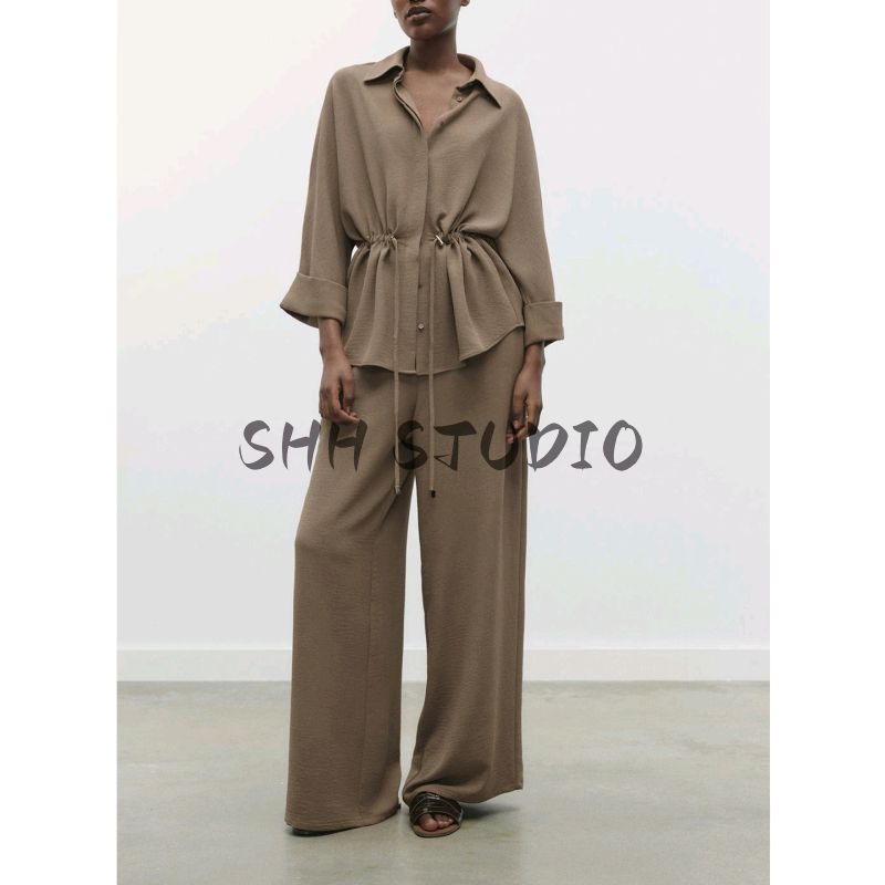 Lapel Long Wide Sleeve Swim Hunting Jacket Drape Shirt 2728568 Casual High Waist Wide Leg Pants 2116568
