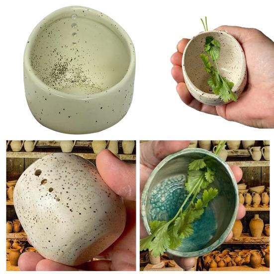 Pottery Herb Stripper Bowl Handmade Herb Peeling Cup with Different Round Hole Sizes Efficient Leaf Removal Tools