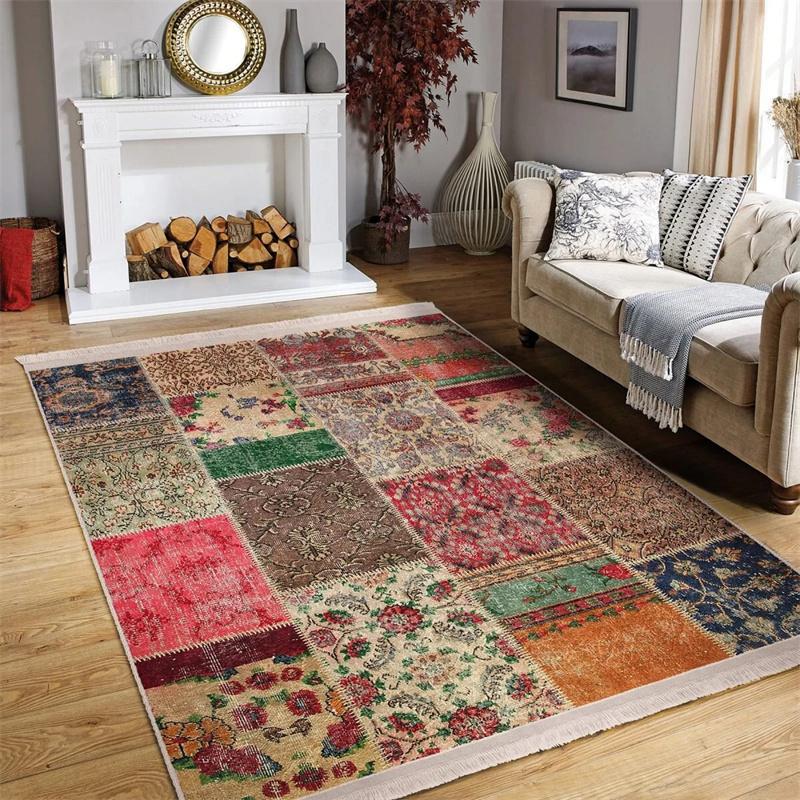 Patchwork Style Area Rug Turkish Motif Anti-Slip Carpet Vintage Print Living Room Rug Kitchen Rug Fringed Farmhouse Floor Mat