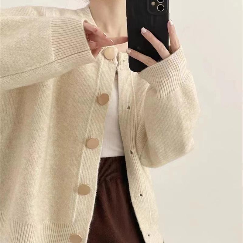Spring and Autumn New Crew Neck Lazy Wind Single-breasted Solid Color Casual Knitted Cardigan Sweater Women's Jacket