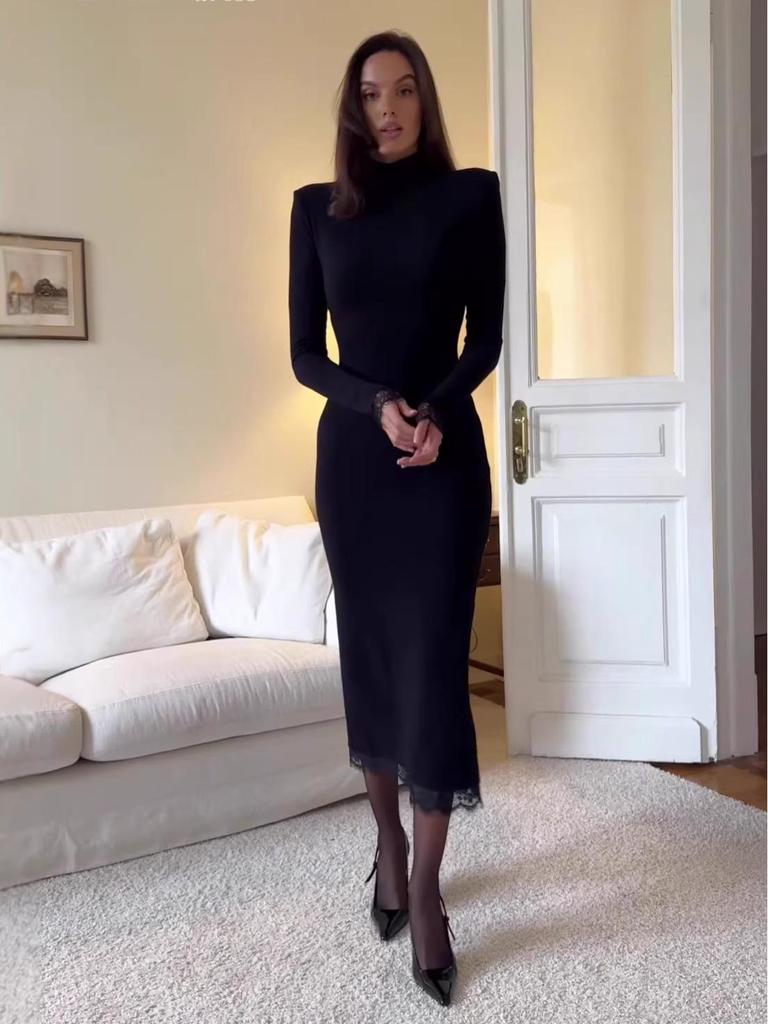 2025 Autumn Elegant Black Slimming Lace Dress for Women