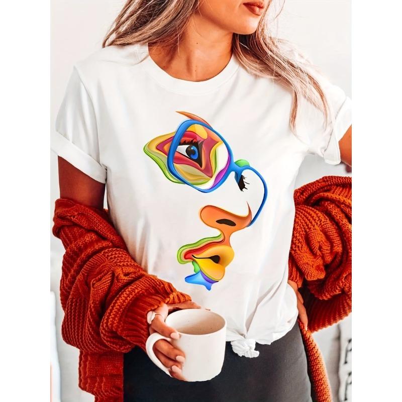 Abstract Art Mask Print T-Shirt, Short-Sleeved Crew Neck Casual Top Suitable for Summer And Spring, Women S Apparel S белый