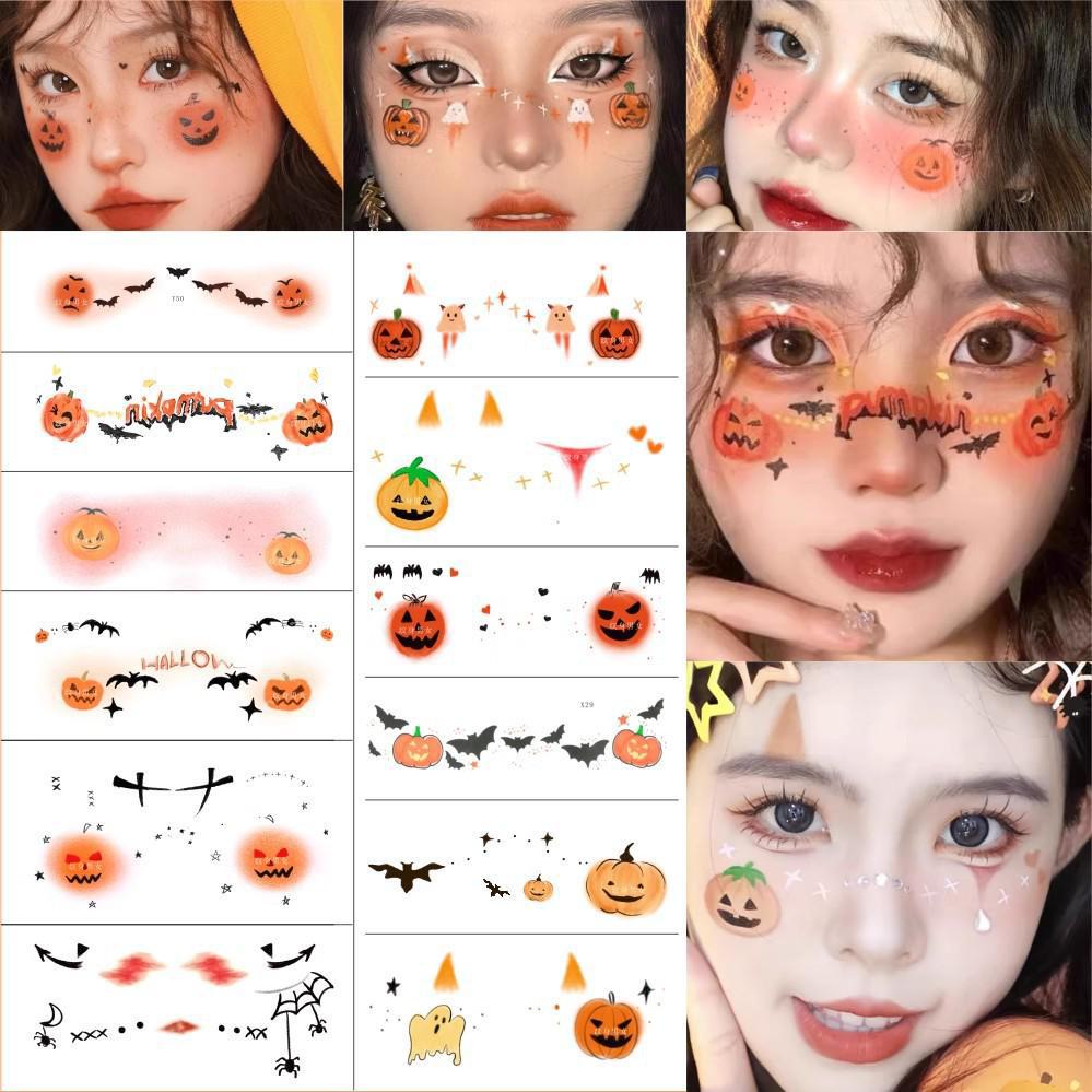 Halloween Kids' Waterproof Cartoon Tattoo Stickers - Cute Pumpkin, Ghost, and Skull Designs for Face Makeup
