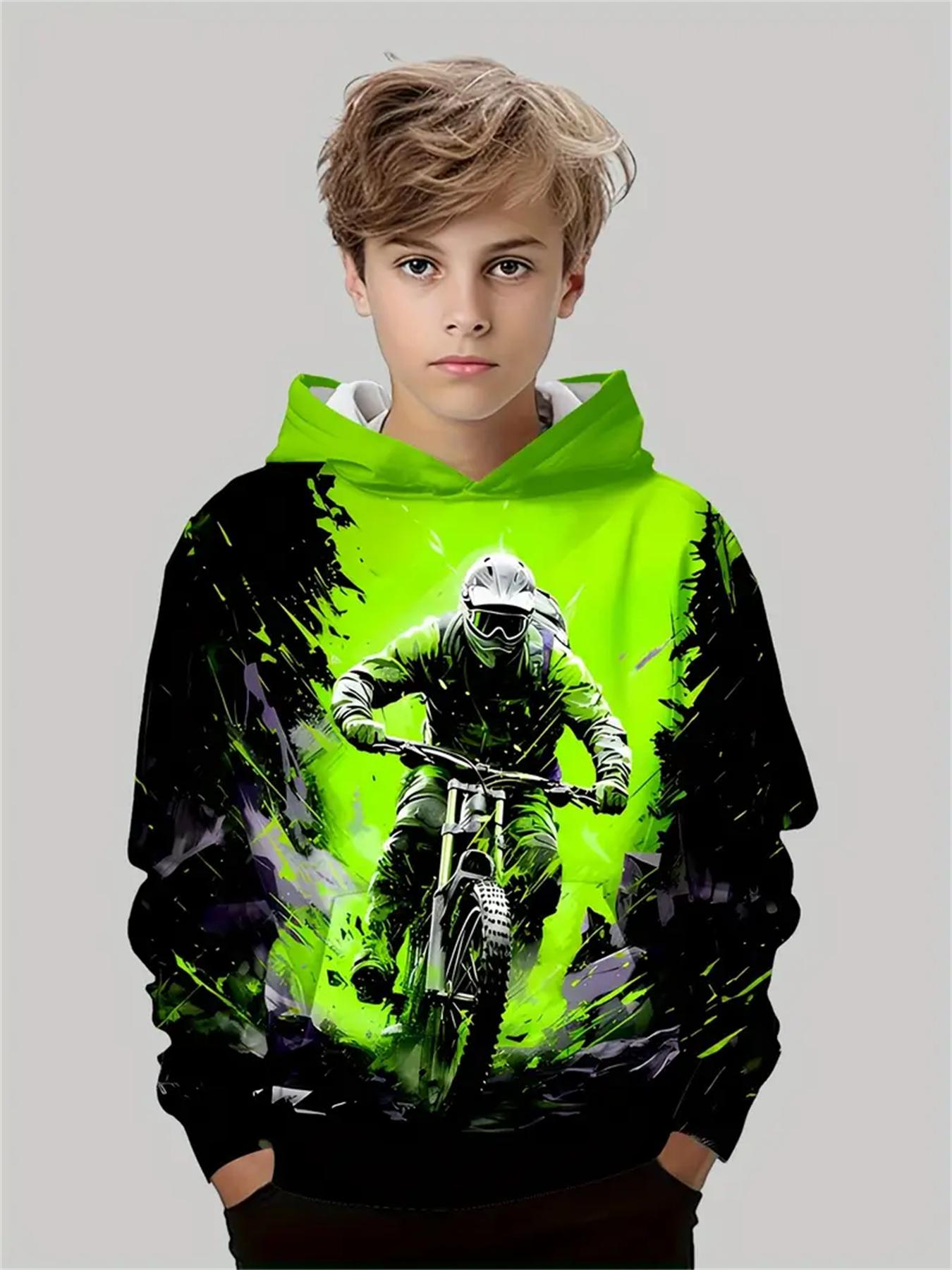 Kinder Sweatshirt Jungen Mode Motocross Racing 3D Gedruckt Casual Hoodie Langarm Polyester Sport Tops Pullover Kinderkleidung 120 green