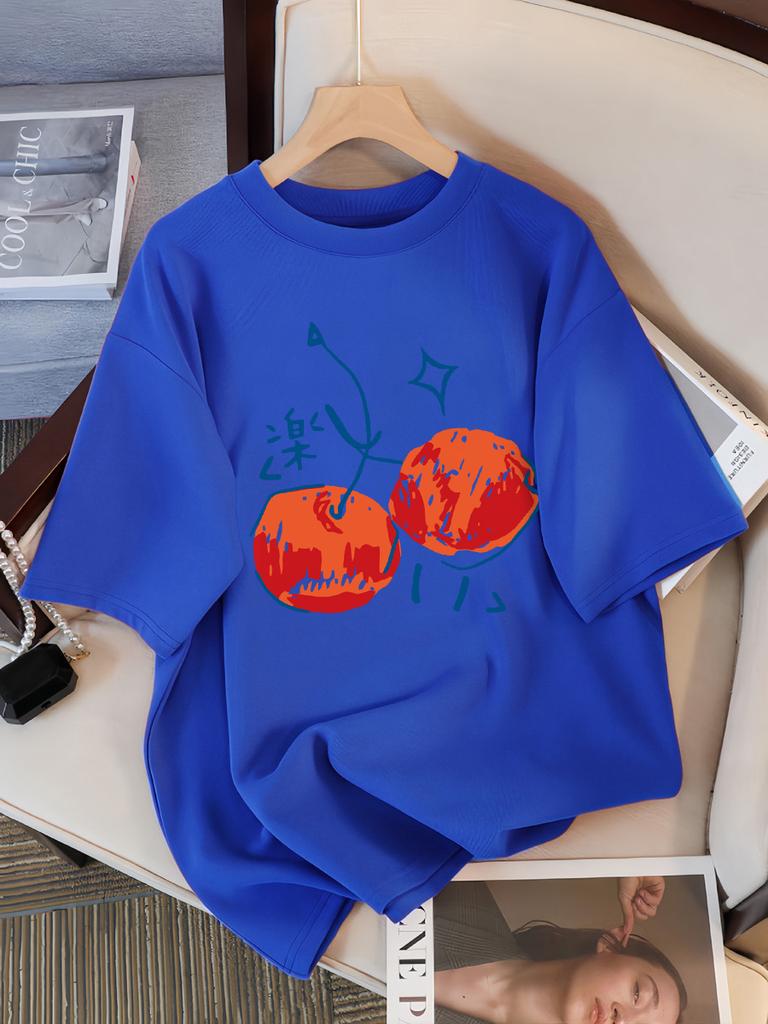Cherry Illustration Prints Women T-Shirt Casual Sport Short Sleeve Breathable Summer T Shirt Cotton Street New Clothing