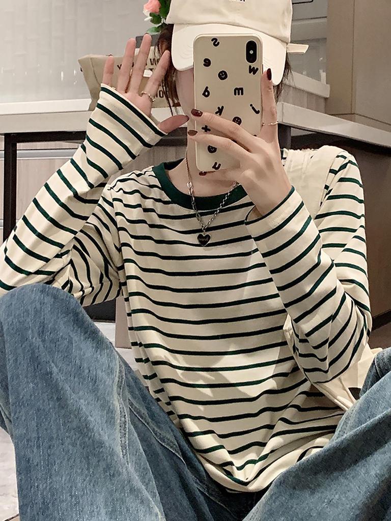 2026 Women's Plus Size Loose Cotton Red Striped Long Sleeve T-shirt for Spring, Autumn, and Summer
