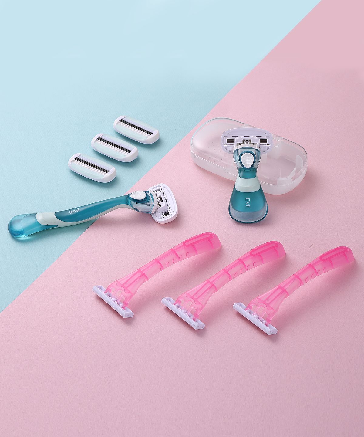Shy Eve Creamy Women s Hair Removal Set (Long Handle + Short Handle + 5 Blades Total + Portable Razor + Case)