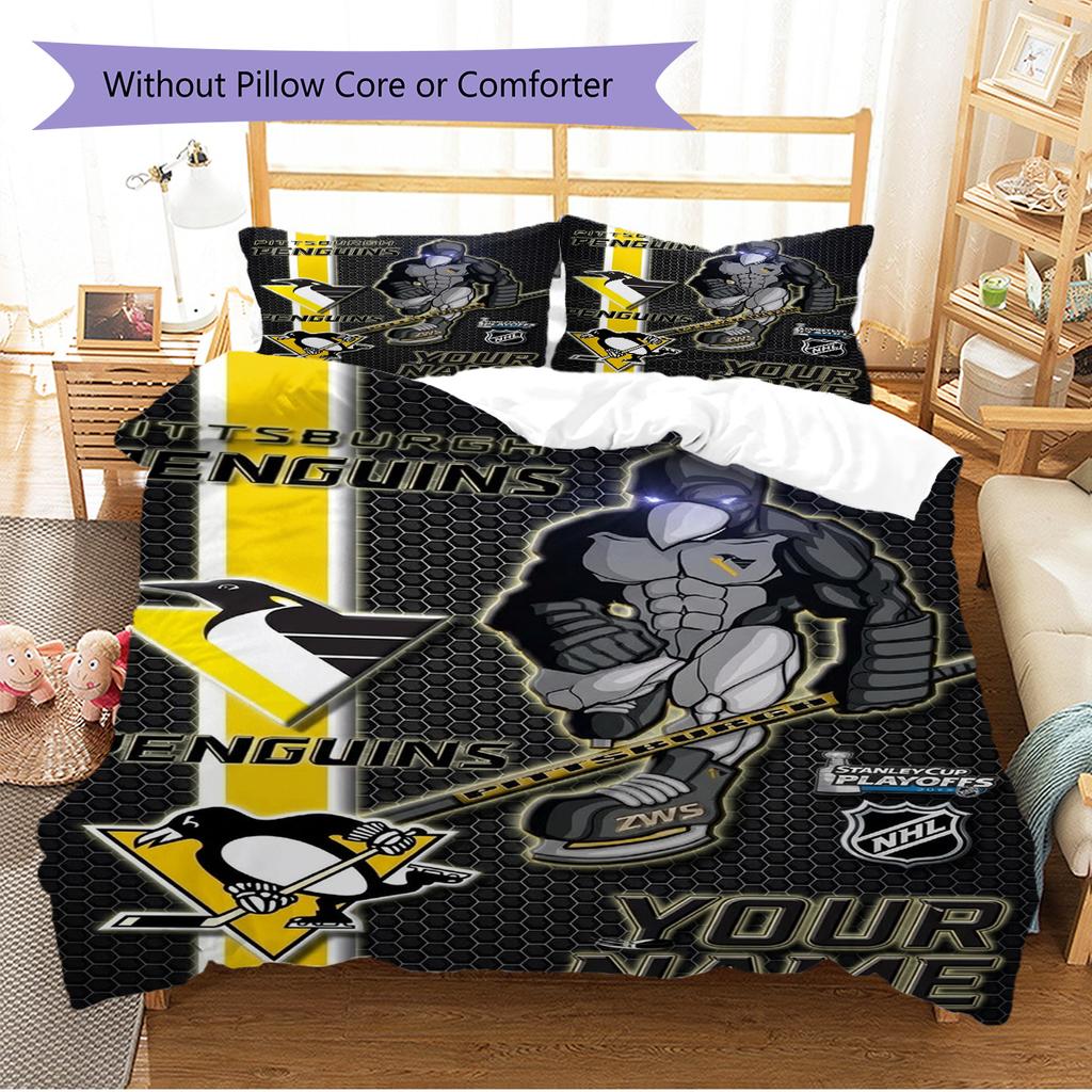 Name Custom Pittsburgh Penguins Pattern Bedding Set Quilt Cover Pillowcase Home Decor Gift (1 * duvet cover + 2 * pillowcase, without core)