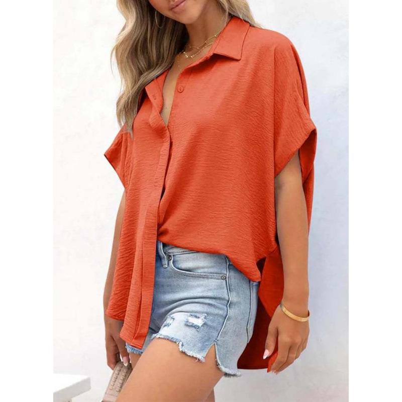 

2025 Summer Women s Casual Solid Color Button Short Sleeve Shirt XXL