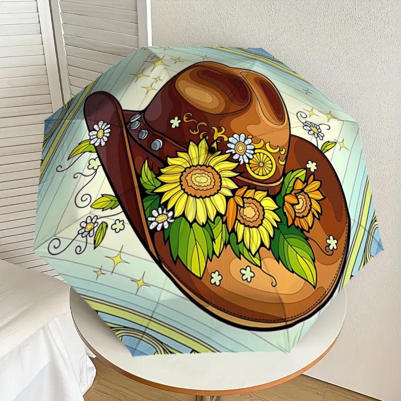 Western Cowboy Hat with Sunflowers and Daisies - Automatic Opening Umbrella, Portable Tri-Fold Design, 8-Bone Iron Frame, , Festival Gift Fo