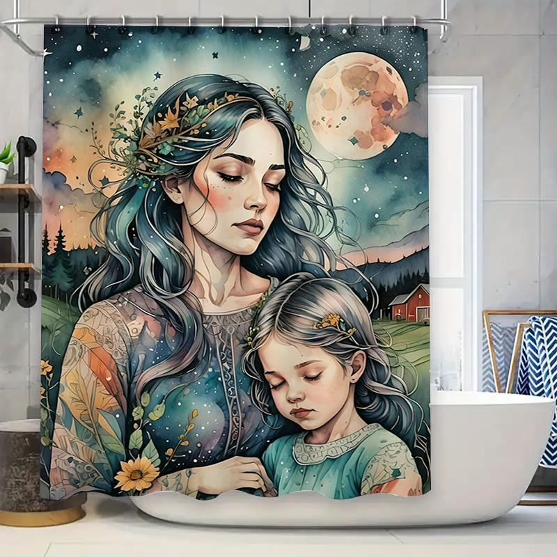 Enchanted Mother And Daughter Moonlit Shower Curtain - Waterproof, Mildew-Resistant, Machine Washable Magical Bathroom Decor