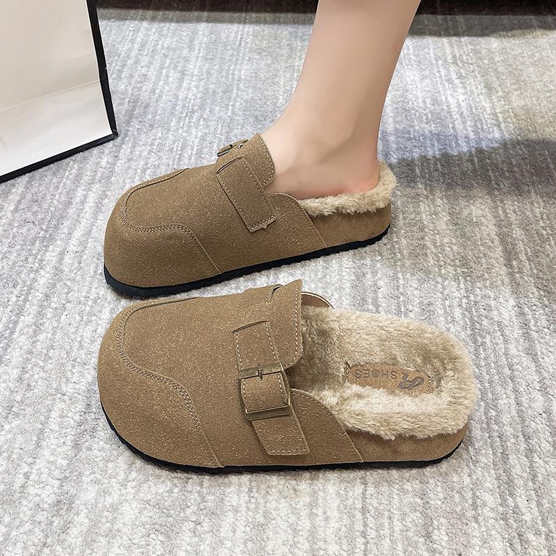 Fashion Winter New Baotou Slippers Women's Fashion Round Head Suede Deep Mouth Soft Sole Anti-slip Wear-resistant Flat Shoes