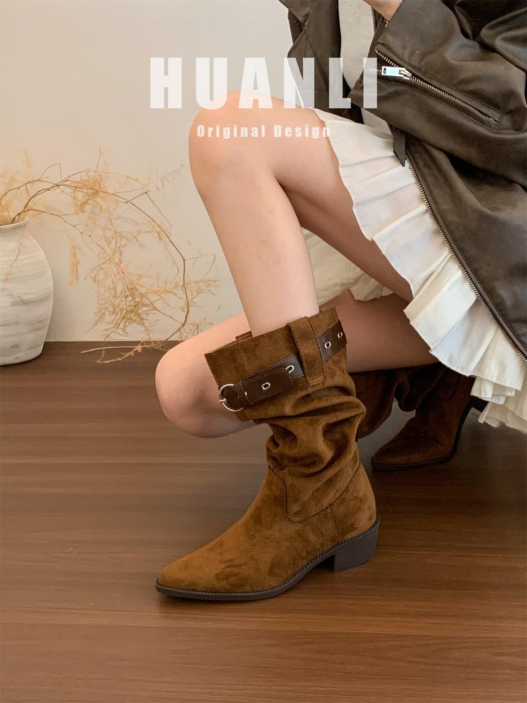 "American Lazy" Vintage Pleated Pile Boots Women's Autumn and Winter Pointed Western Cowboy Boots Coarse Heel Medium Knight Boots