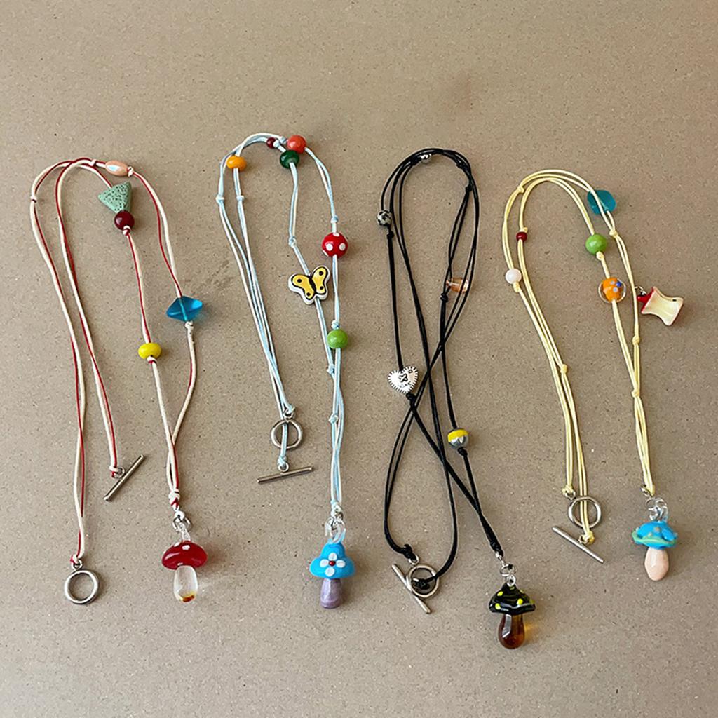 Vibrant Handcrafted Mushroom Pendant Necklace With Adjustable Braided Cord Collarbone Chain For Women Daily Wear