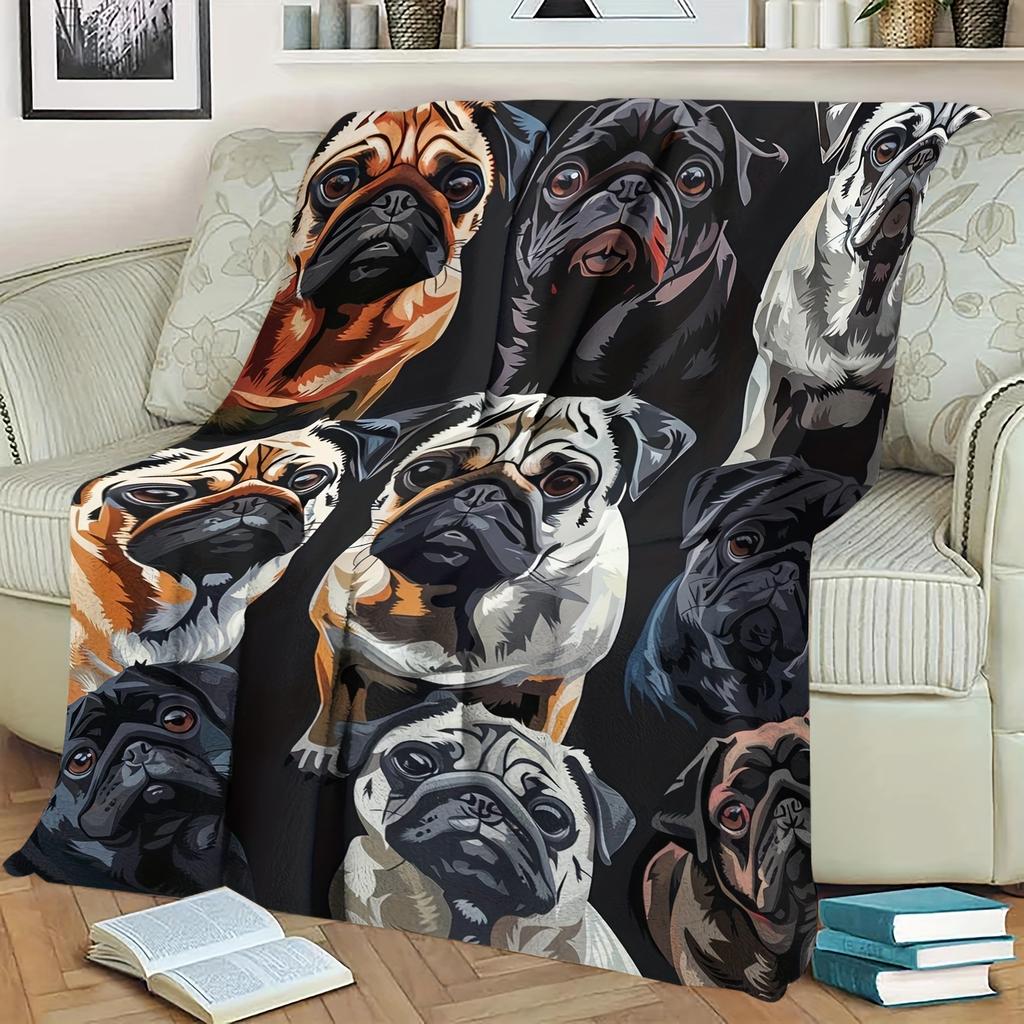 1pc Stitching Pug Dog Blanket Soft Flannel Sofa Blanket TV Show Blanket Warm Skin-friendly Office Nap Throw Blanket, Sofa Bed