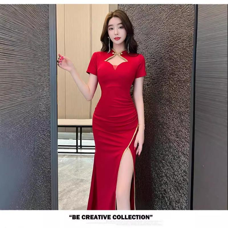 Evening dress dress new temperament retro split cheongsam skirt night work foot bath technician work clothes long dress