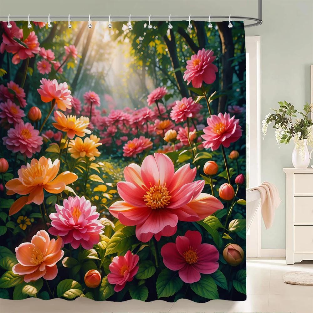 3D Shower Curtain Beautiful Flowers Plant Printed Bathroom Curtain Waterproof Polyester Bath Curtains For Bathroom With Hooks