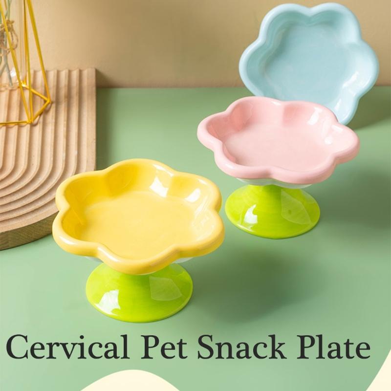 Ceramic Pet Bowl Flower Shape Cats Food Dish Nonslip Elevated Stand Feeding Plate for Neck Protections and Easy Cleaning