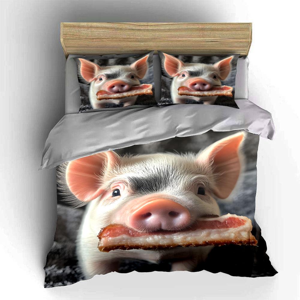 Piglet Holding Bacon Printed Duvet Cover Set1 Duvet Cover+2 Pillowcasemulti Size Bedroom Bedding Decor Machine Washable