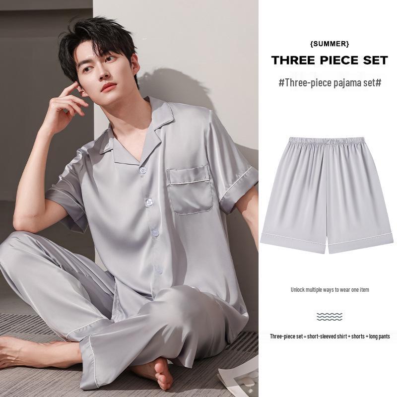 Men s Ice Silk Pajama Set - Cooling, Short-Sleeve, Large-Size Lapel Design for Summer. L