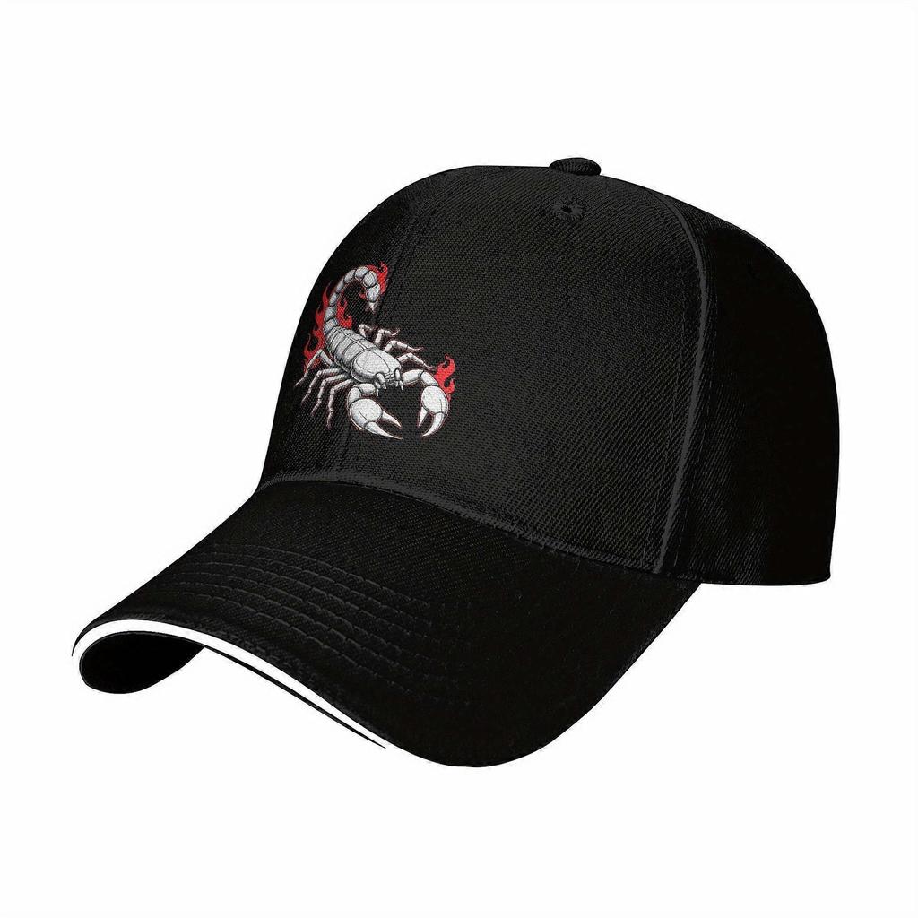Retro Baseball Cap – Y2K Scorpion Graphic, Adjustable Snapback, Black/Red/White, Sun Protection, Casual Wear for Men