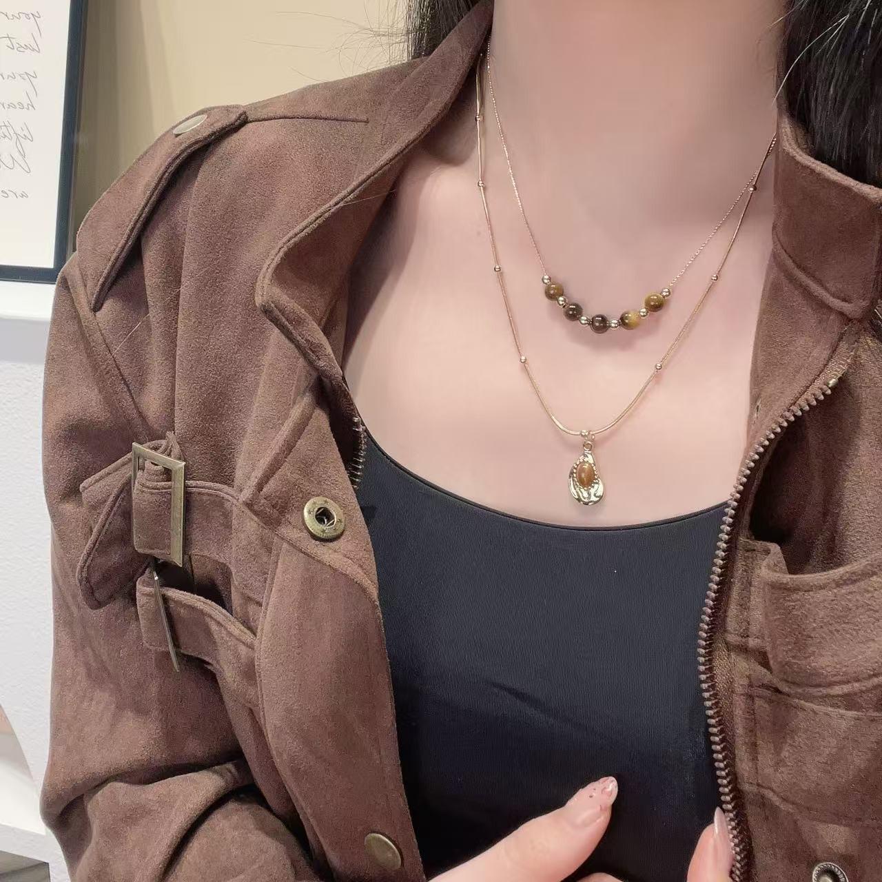 Maillard Tiger Eye Gold Sunflower Necklace: Autumn Winter Retro Layered Sweater Chain - High-End Women s Accessory