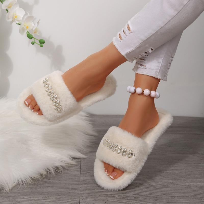 Fashion Pearl Cotton Mopping Winter New Round Toe Open Toe Plush Platform Anti-slip Wear-resistant Flats