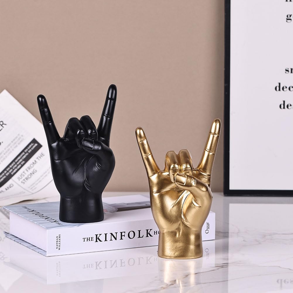 QIANLING 7.7" Gold Resin Rock On Hand Gesture Statue - Rock Culture Music Lovers' Decorative Tabletop Sculpture for Bookshelf, Desk & Mantel Decor in
