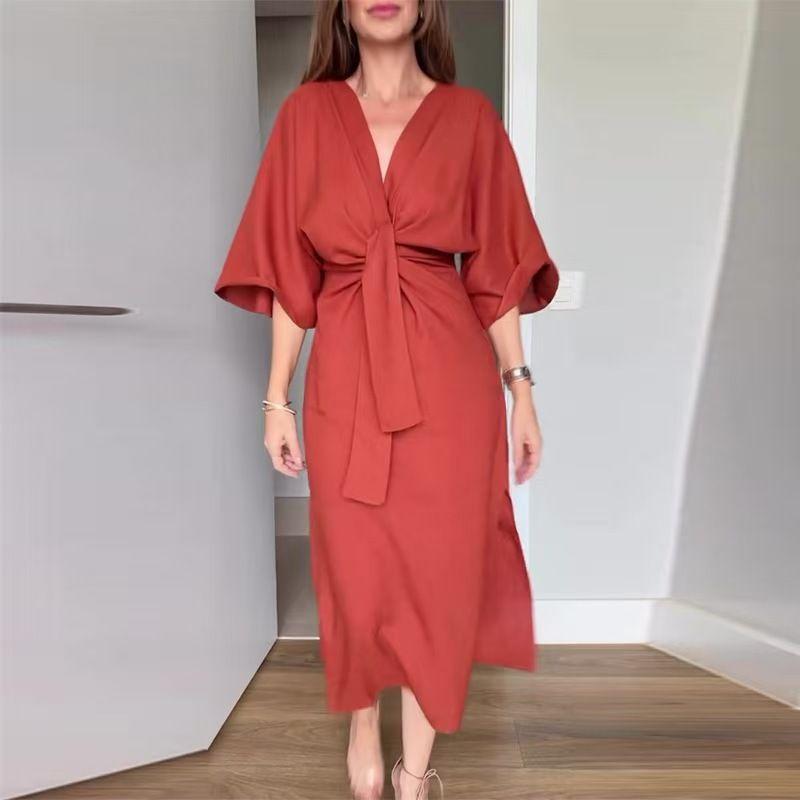 

European and American Women clothes New V-neck Loose Casual Short sleeve Split Dress Orange Red L