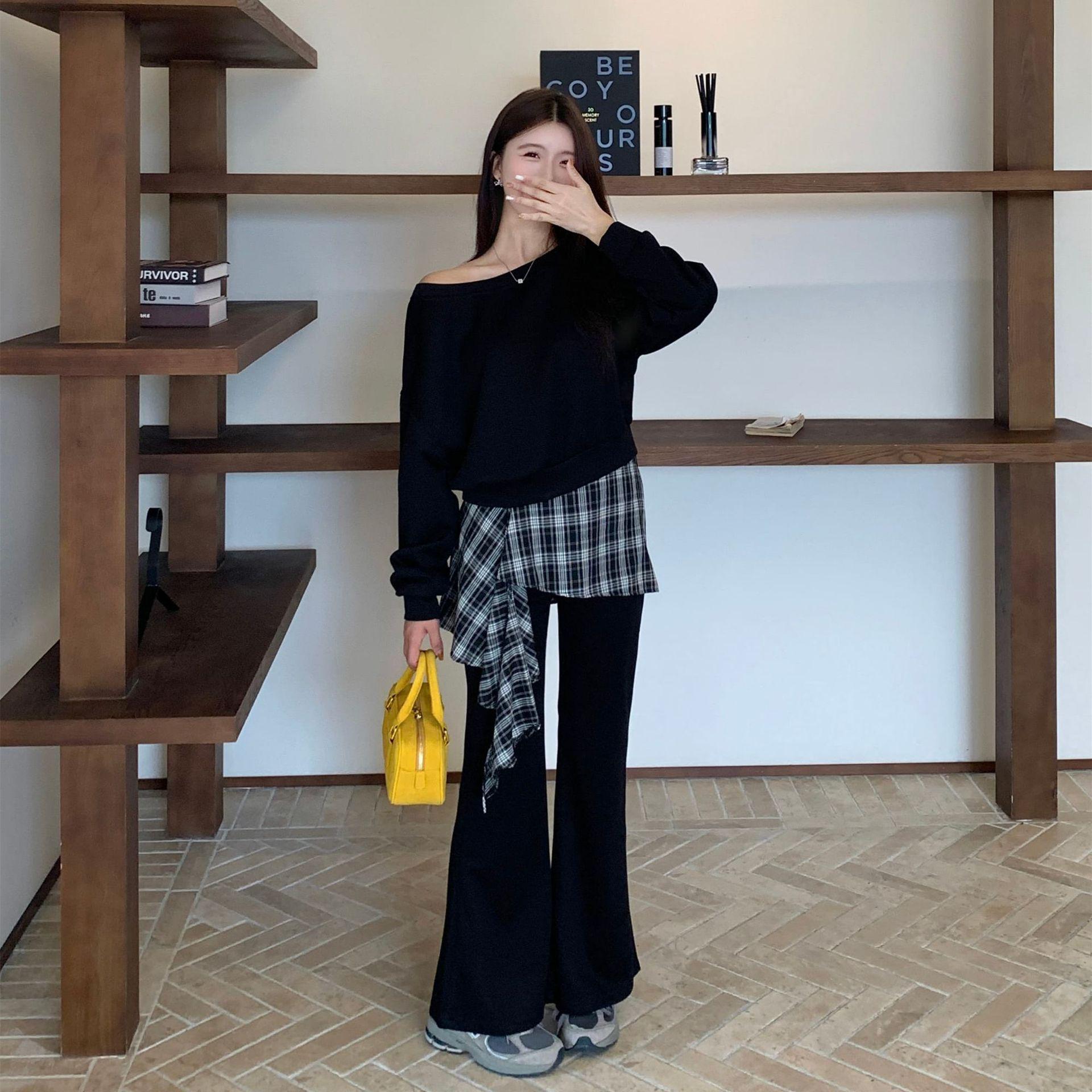 Women s Retro Spicy Girl Outfit Set: Off-Shoulder Sweatshirt, Plaid Ruffle Skirt, Micro Flare Pants - 2026 Spring/Autumn Collection. 2XL