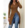Women's Solid Color Long Sleeve Zip V Neck High Slit Long Ribbed Shirt