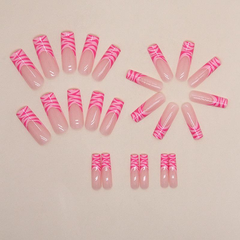 Pink French zebra pattern nail medium and long water pipe nail European and American sweet ins wind fake nail wearing nail