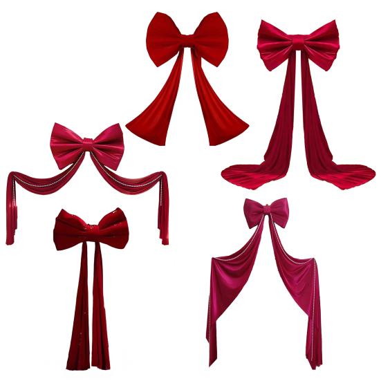 Extra Nagy Piros Bársony Masni Piros Bársony Csokornyakkendő Karácsonyi Dísz Arany Metál Szállal Fa Girland Ünnepi Dekoráció