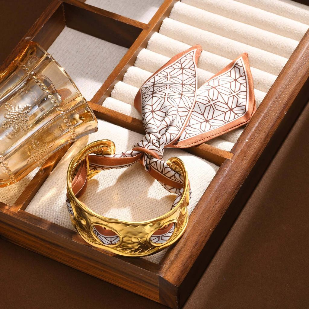 Silk Scarves Hollow Open Bangle Bracelet For Women, Chunky Wrist Cuff Wrap Bracelet Stainless Steel Gold Plated Wide Jewelry