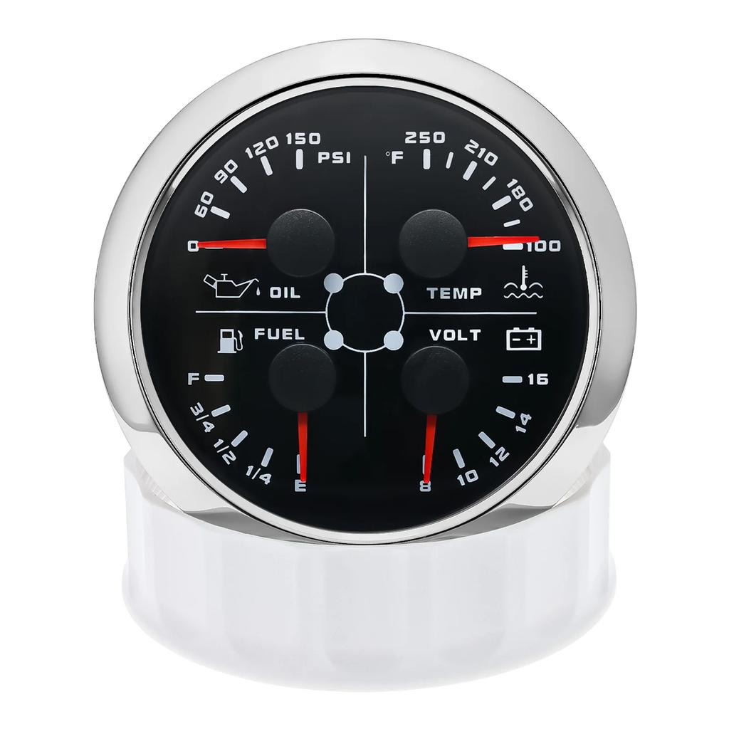 85mm 4 In 1 Gauge Oil Press Gauge Water Temp Meter Fuel Level Gauge Voltmeter With Alarm For Marine Boat Car Waterproof 12V 24V