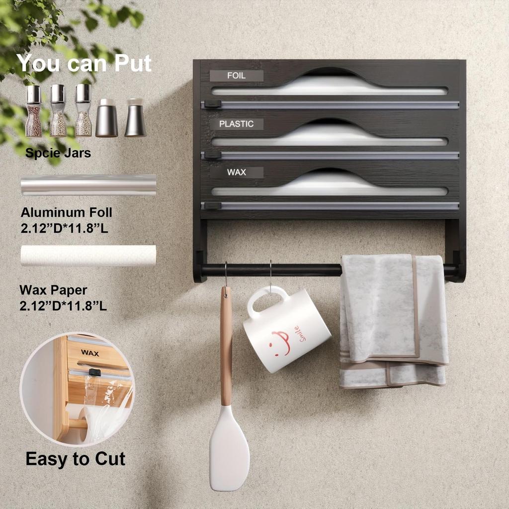 Bamboo Wrap Dispenser with Paper Towel Holder, 3-Section Kitchen Organizer for Foil, Plastic Wrap with Cutter and Storage Rack for Kitchen Accessories