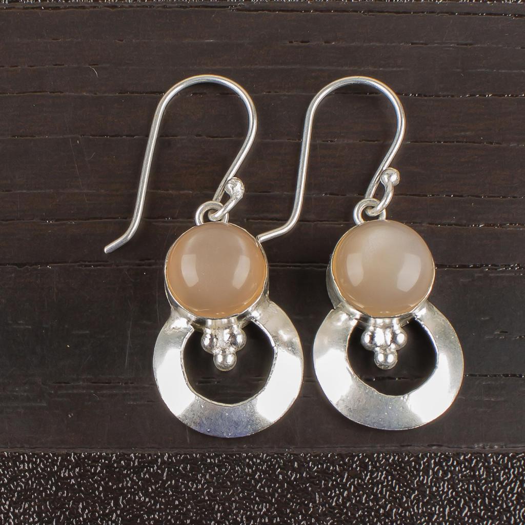 Peach Moonstone Gemstone Jewelry, 925 Solid Sterling Silver Earrings, Handmade Meditation Earrings For Anniversary Gift