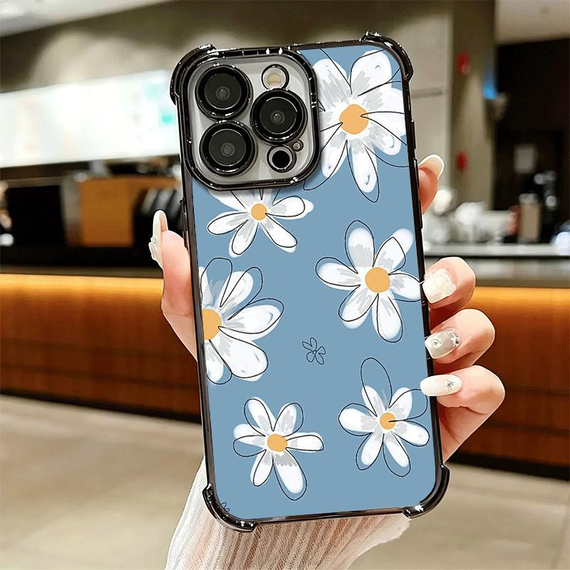 Daisy Flowers Aesthetics Plating Phone Case For Iphone 16 17 Pro Max Air 16E 14 15 Plus 12 13 Mini Anti-Fall Airabag Cover