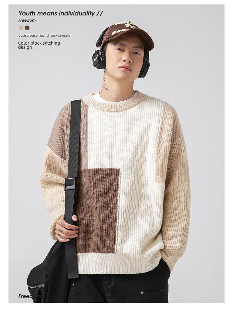 Unisex Color Block Striped Sweater, Autumn/Winter, Japanese Style, Loose Fit, Thick Knit