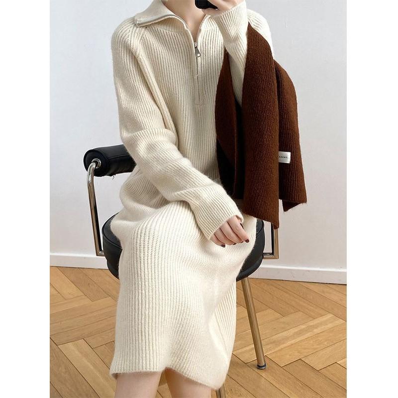 Womens Oversized Knit Midi Dress With Lapel Collar Long Sleeve Wool Blend A-Line Skirt Winter Layering