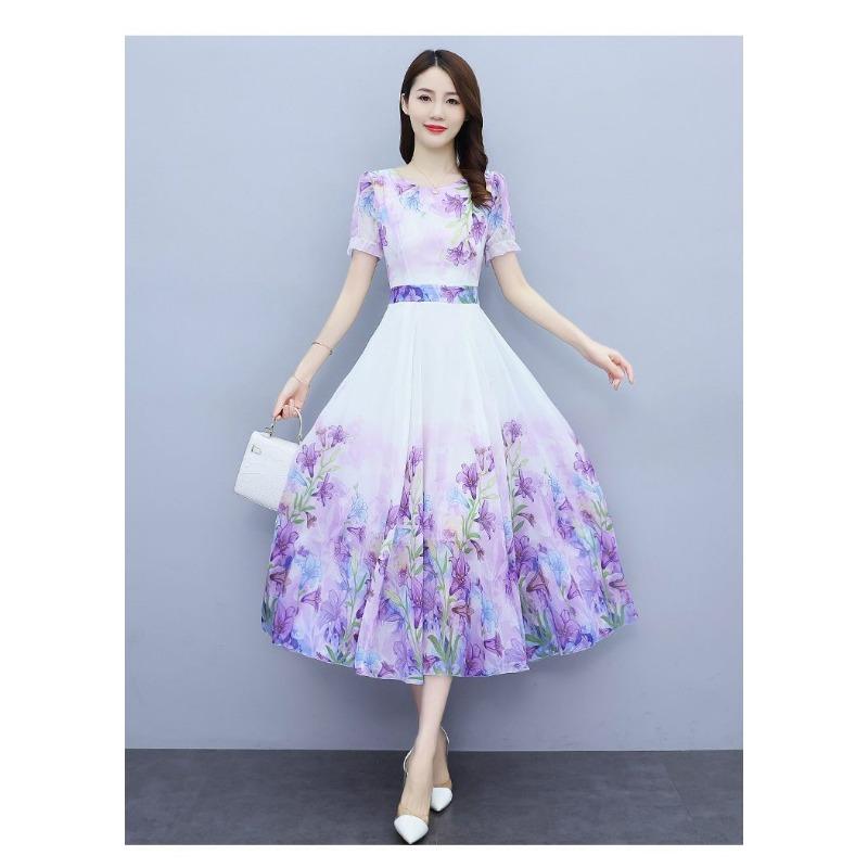 Women's Elegant Floral Print Chiffon Midi Dress Short Sleeve A-line Swing Casual Summer Dress