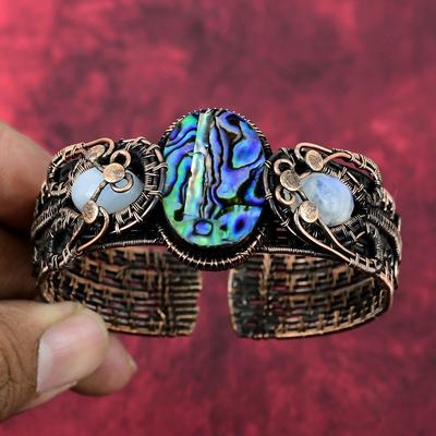 Armreif aus Abalone-Muschel, umwickelt mit Kupferdraht, Regenbogenmondstein, verstellbarer Edelstein-Armreif, handgefertigter Kupferschmuck, Verlobungsgeschenk