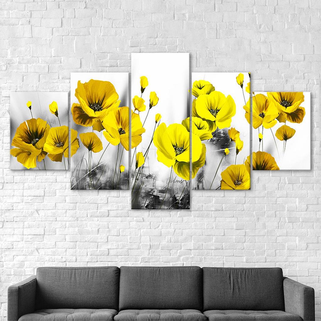 Abstract Yellow Poppy Flowers 5 Piece Five Panel Wall Canvas Print Modern Art Poster Picture Home Decor Gift For Him For Her